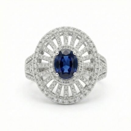 Rineva Royal Sapphire Halo Statement Ring