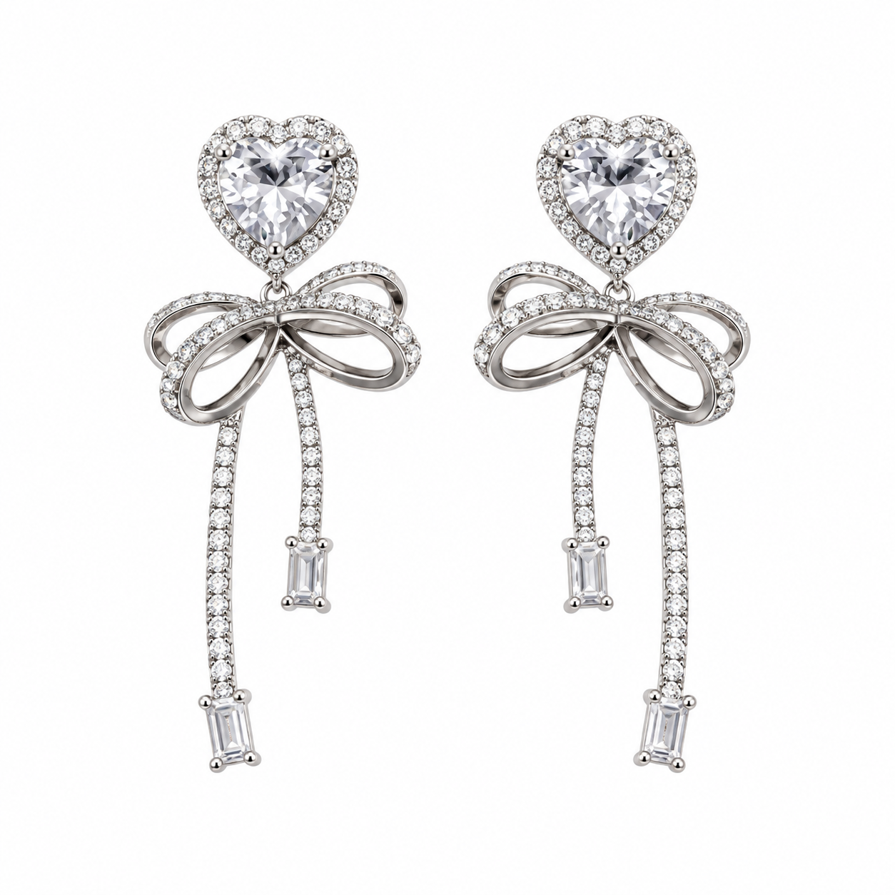 Rineva Crystal Heart Bow Drop Earrings Rineva Crystal Heart Bow Drop Earrings - Image 1